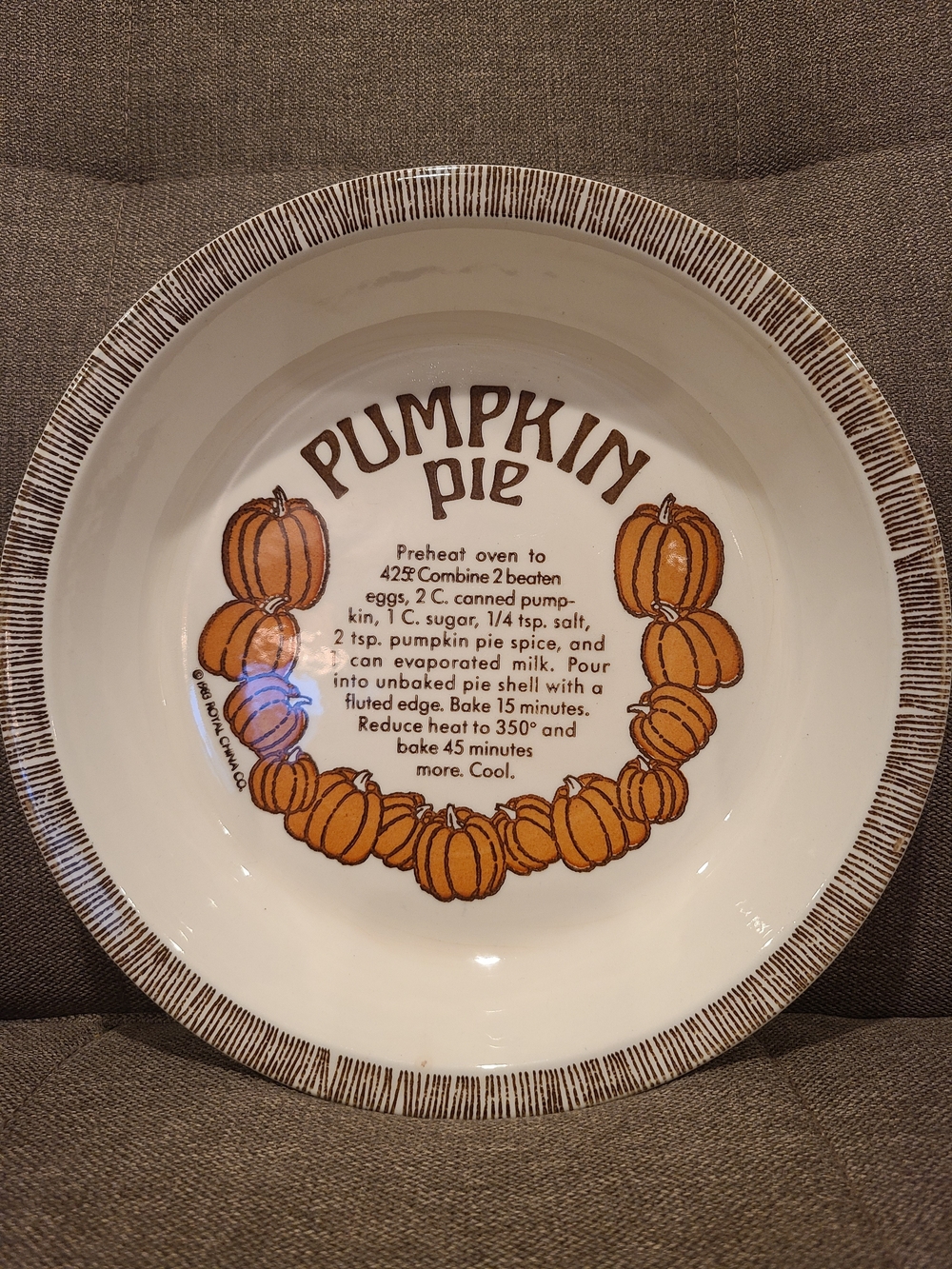 Vintage 1983 Royal China Co. pumpkin pie recipe plate
